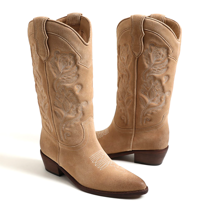 Tan Faux Suede Almond-Toe Flowers Embroidery Mid Calf Cowgirl Boots