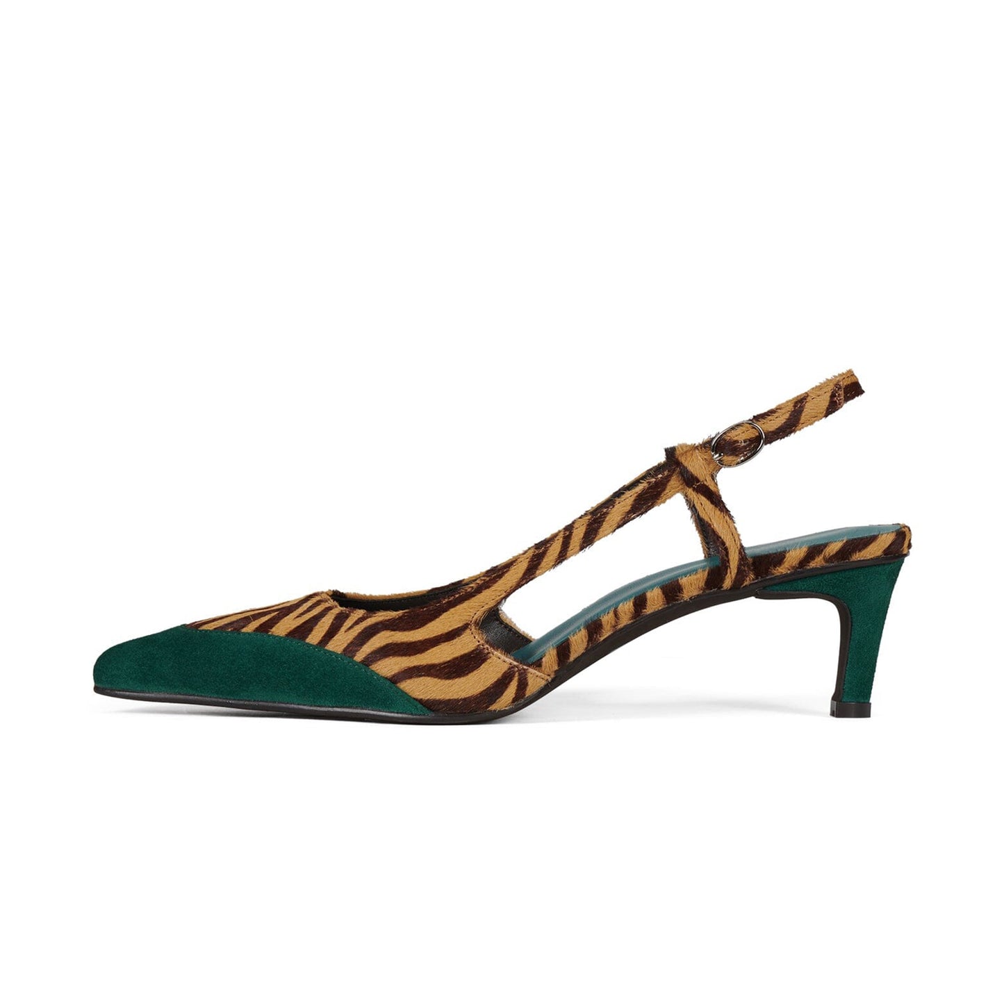 Zebra Pattern And Turquoise Pointed-Toe Slingback Chic Kitten Heels