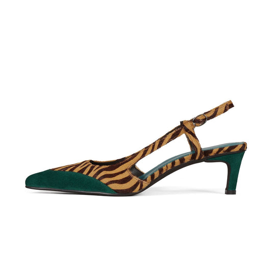 Zebra Pattern And Turquoise Pointed-Toe Slingback Chic Kitten Heels