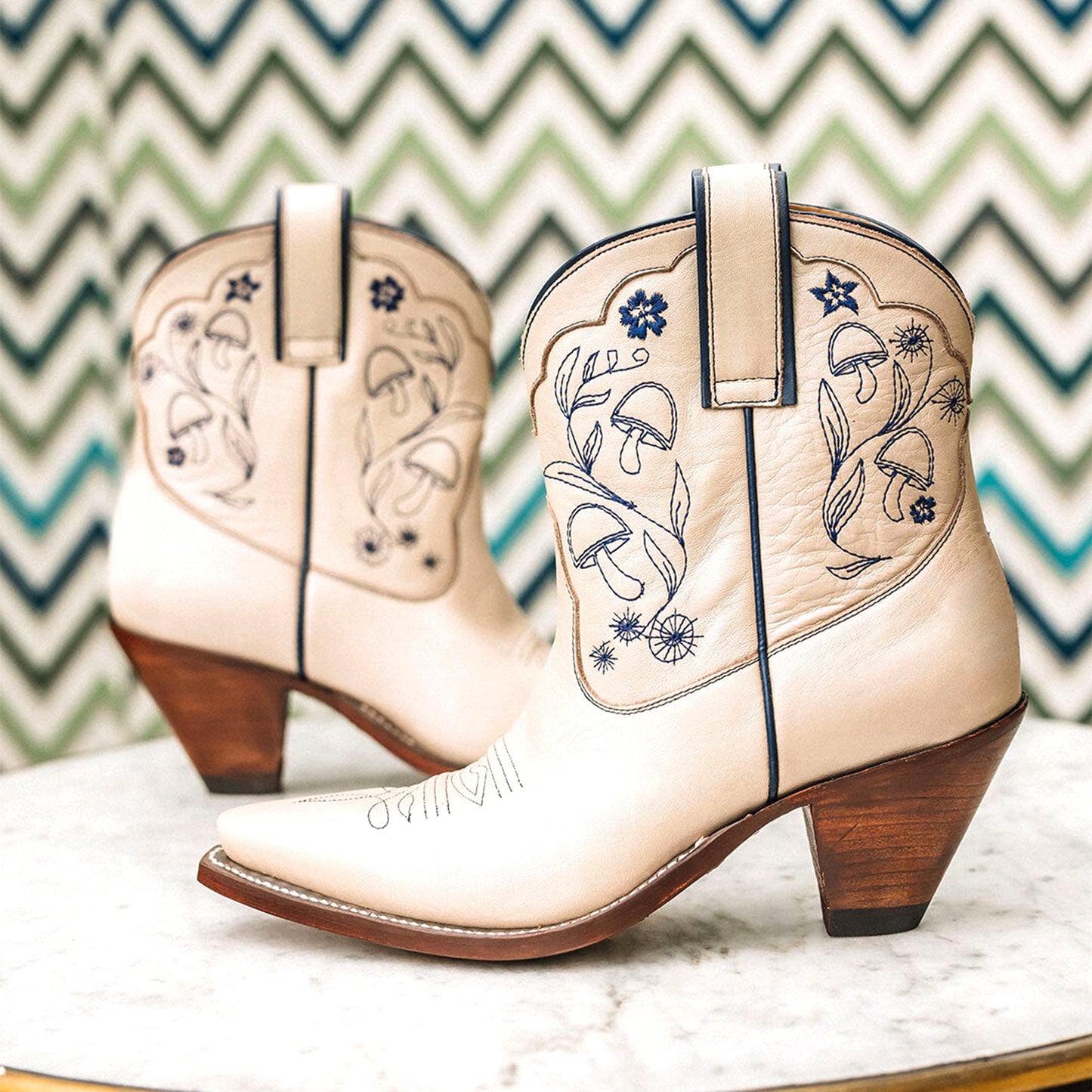 Beige Snip-Toe Mushroom Embroidery Ankle Cowgirl Boots