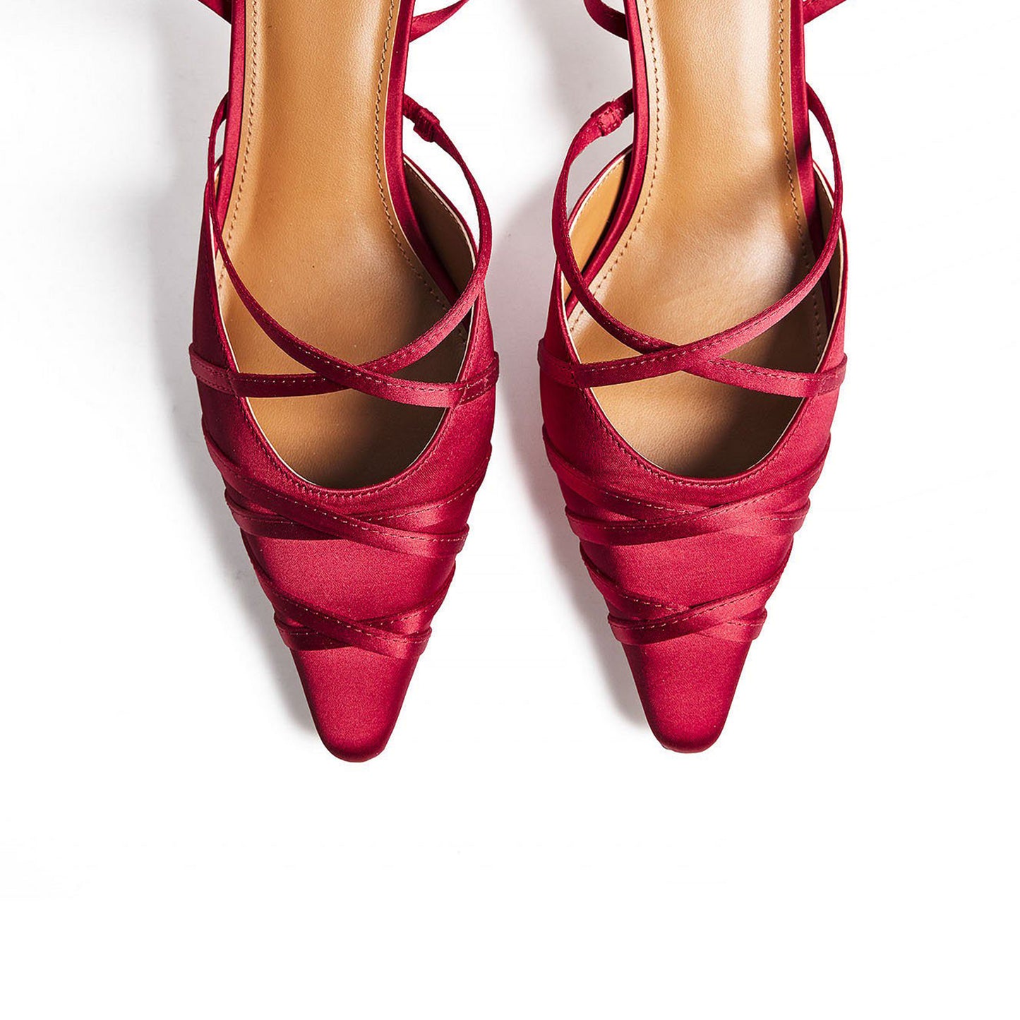Red Satin Pointed-Toe Lace Up Detail Kitten Heels Pumps