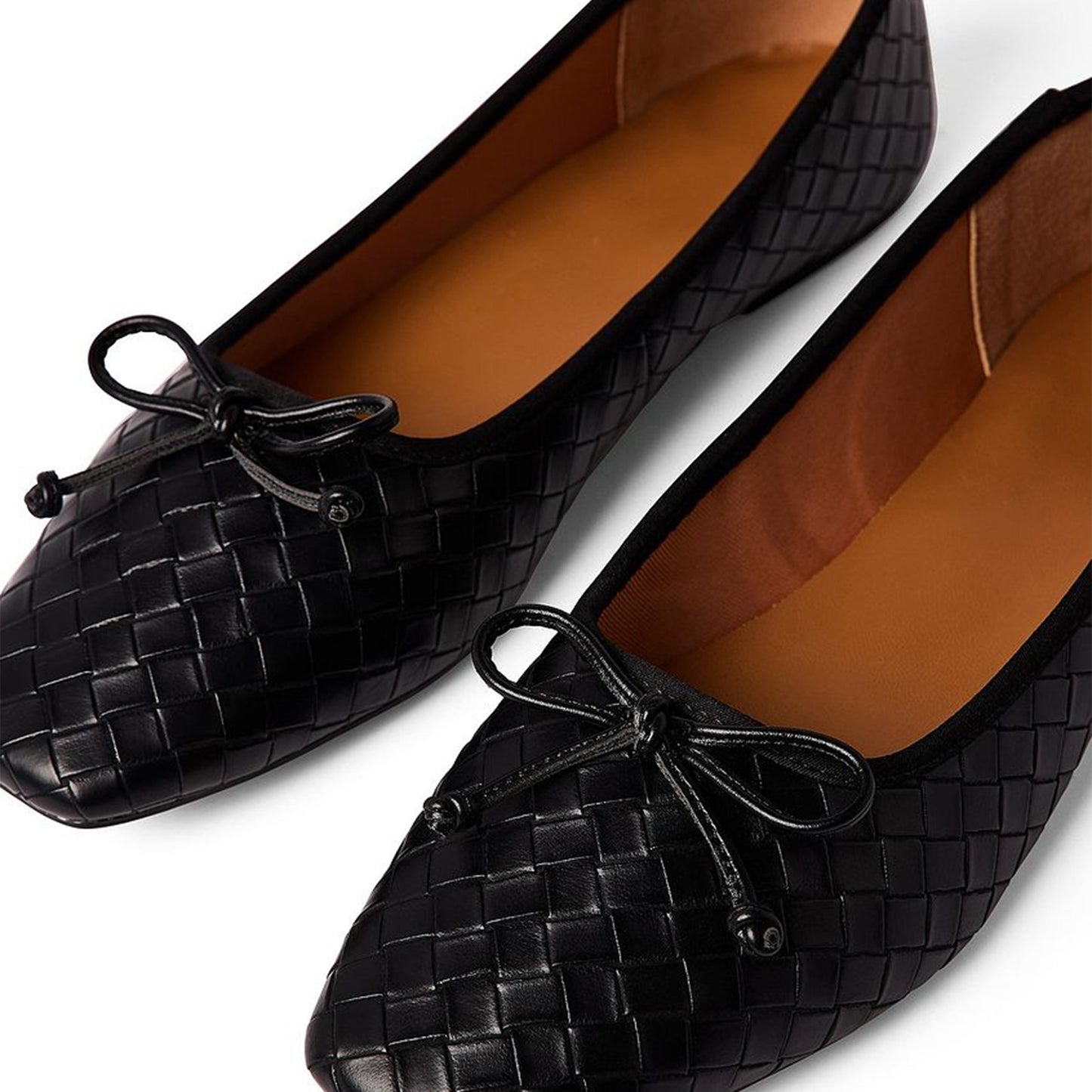 Black Vegan Leather Woven Square-Toe Front Bow Detail Ballet Flats