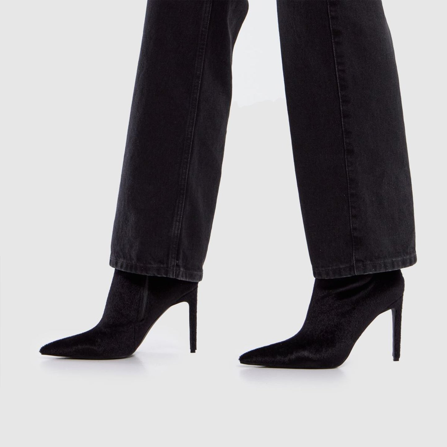 Black Pony Hair Pointed-Toe Full-Zip Ankle Stiletto Boots