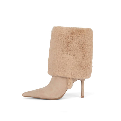 Beige Faux Suede Pointed-Toe Plush Fold-Over Knee High Stiletto Boots