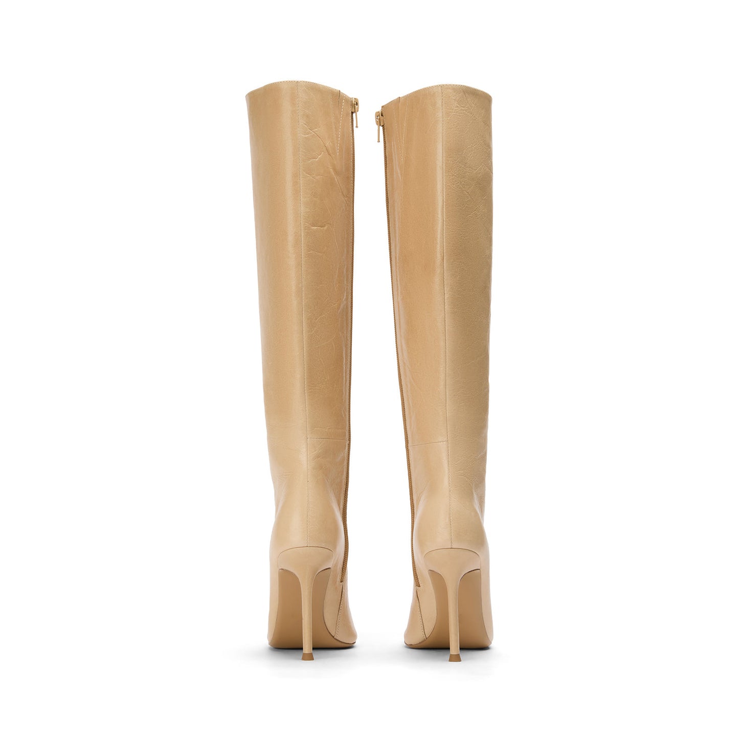 Vintage Beige Pointed-Toe Full-Zip Sleek Knee High Stiletto Boots