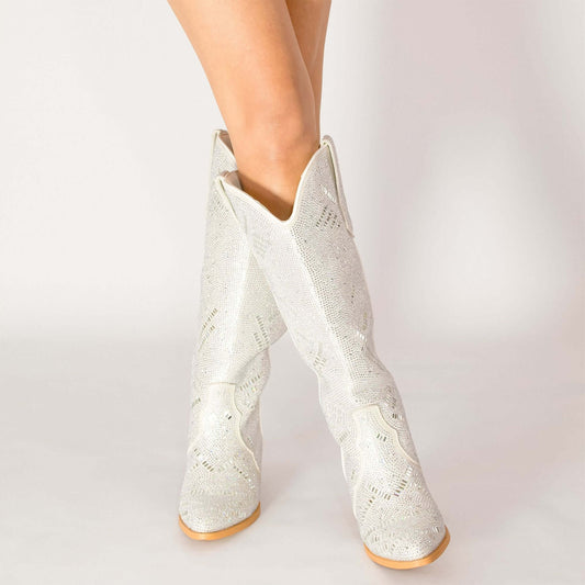Beige Faux Suede Pointed-Toe Full Crystals Wide Calf Knee High Cowgirl Boots