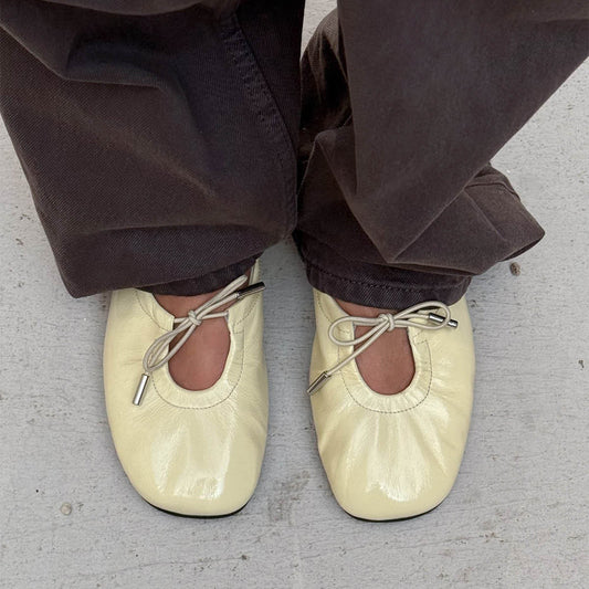 Patent Yellow Square-Toe Bridge Self-Tie Bow Ballet Flats