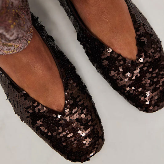 Dark Brown Satin Round-Toe Classic Ballet Slip-On Sequin Flats