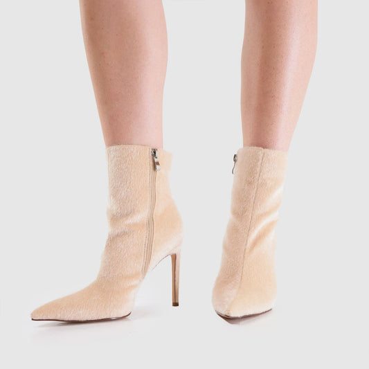 Beige Pony Hair Pointed-Toe Full-Zip Ankle Stiletto Boots