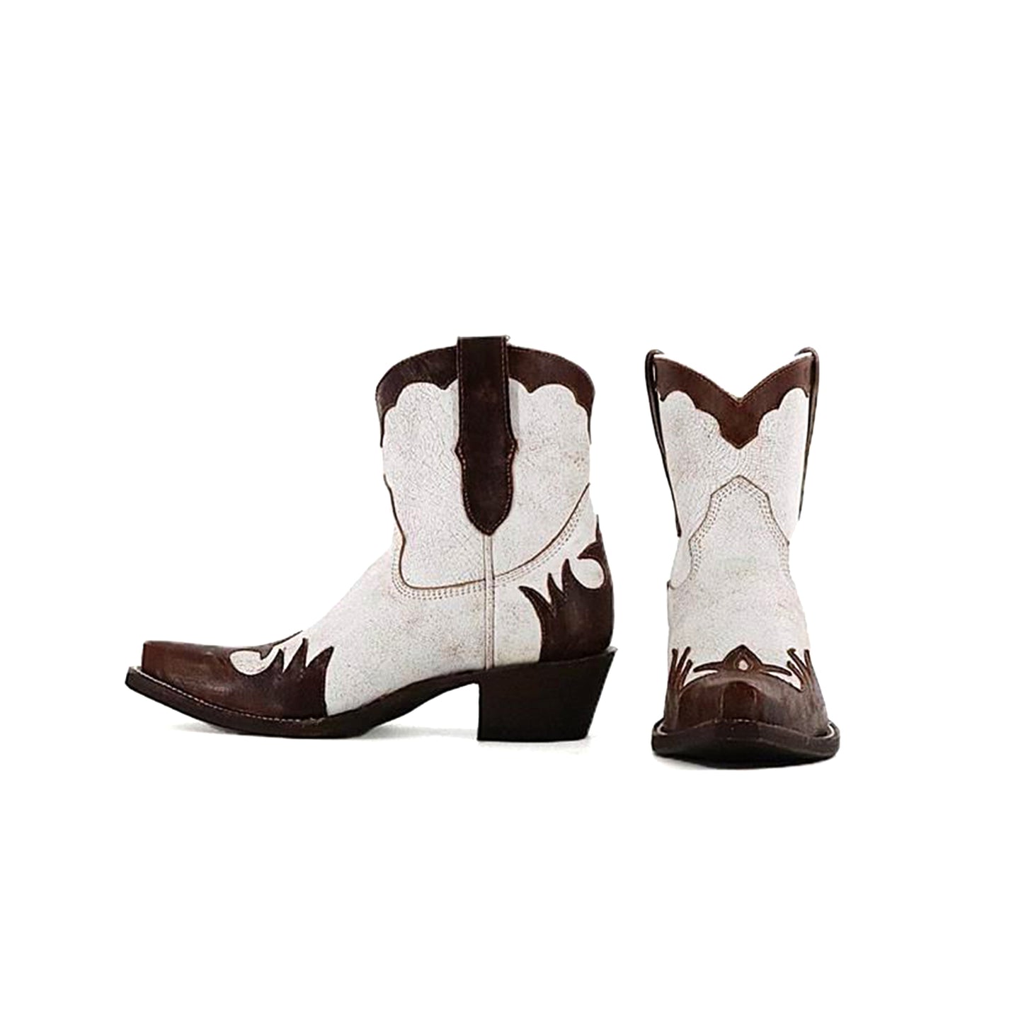 Distressed Contrast White And Brown Snip-Toe Ankle Cowgirl Boots