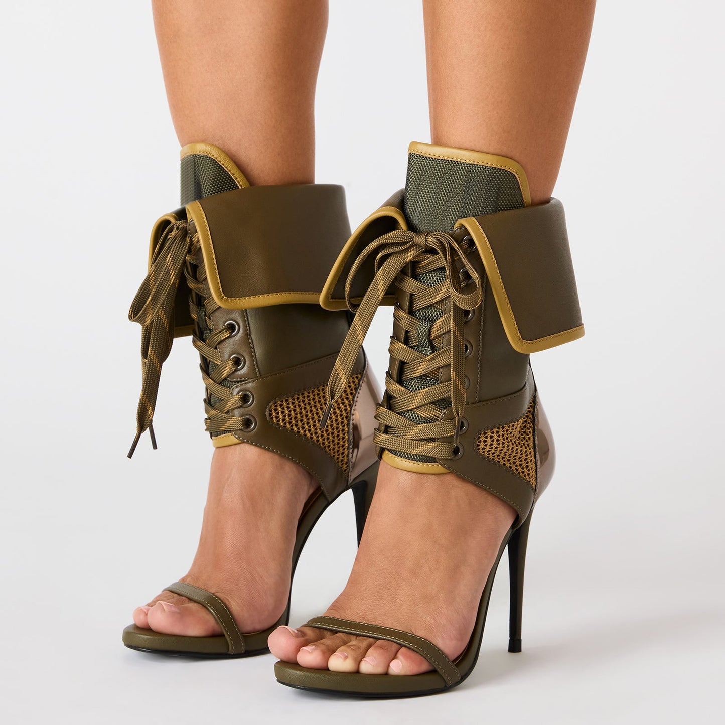 Green Open Round-Toe Mesh And Lace-Up Shaft Back Metallic Design Stiletto High Heels