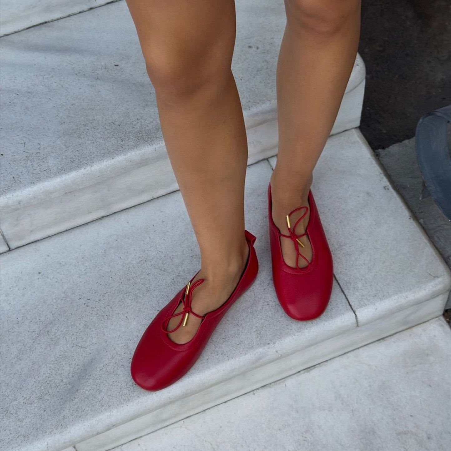 Red Round-Toe Lace-Up Ballet Classic Flats