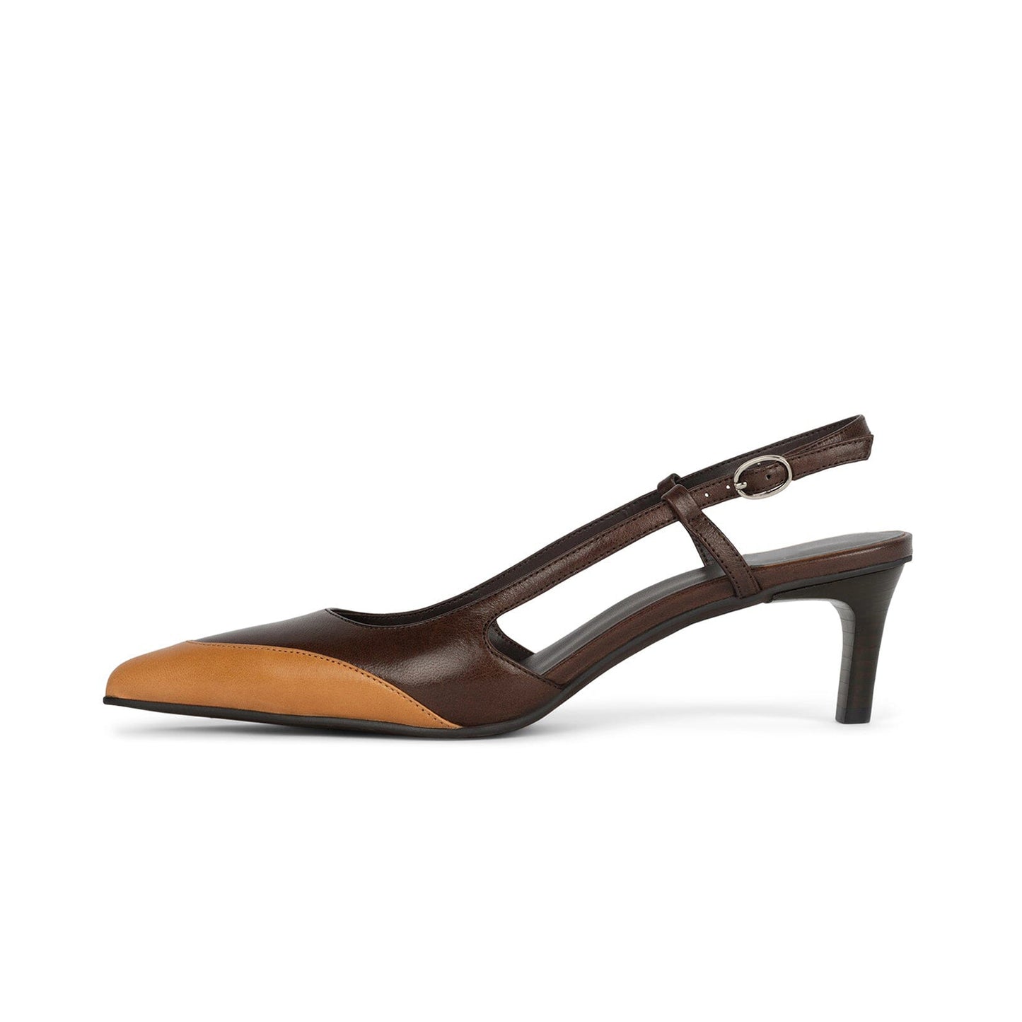 Brown And Tan Pointed-Toe Slingback Chic Kitten Heels