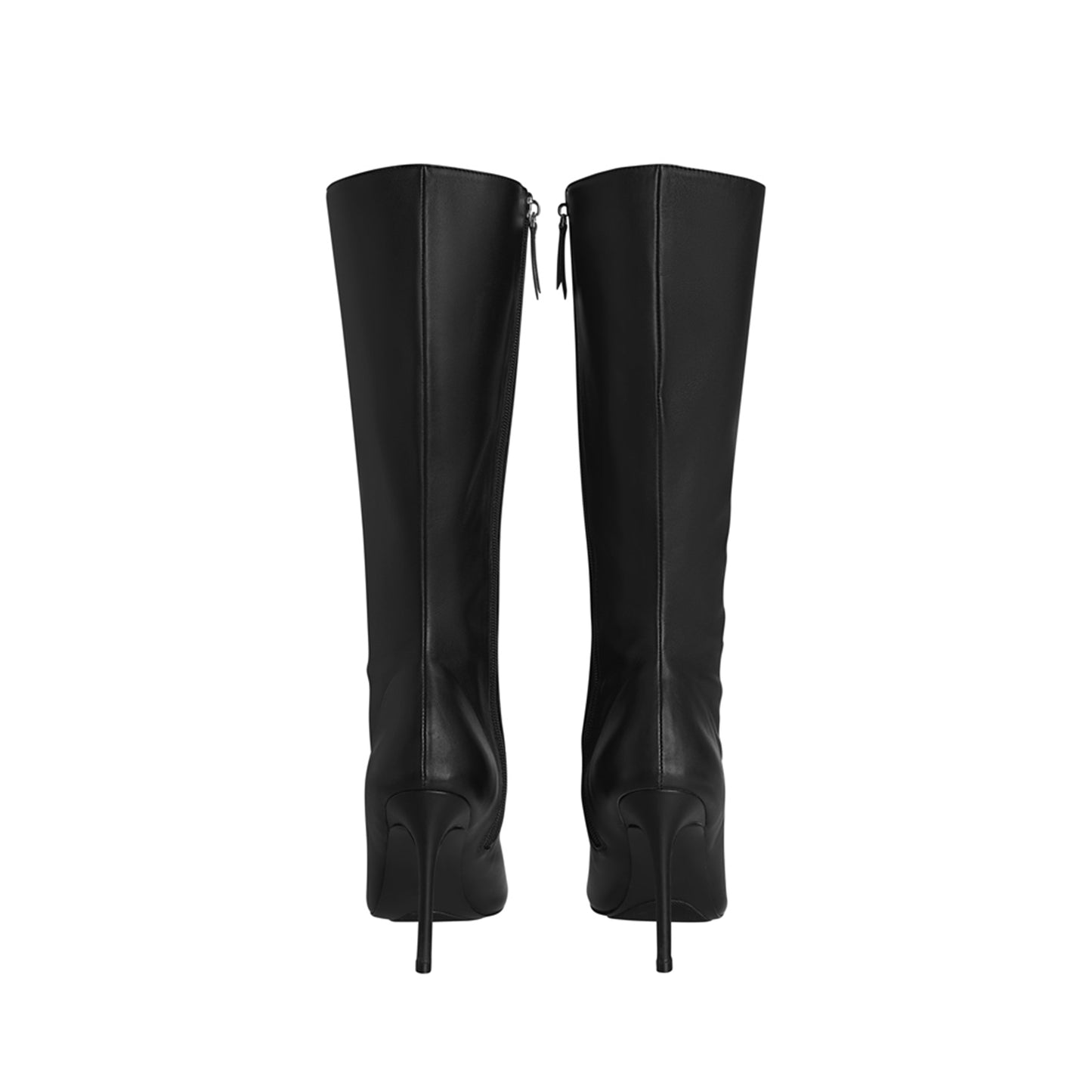Black Pointed-Toe Black Plush Full-Zip Mid Calf Stiletto Boots