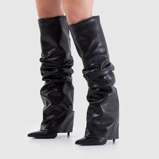 Black Pointed-Toe Ruched Over-The-Knee Stiletto Boots