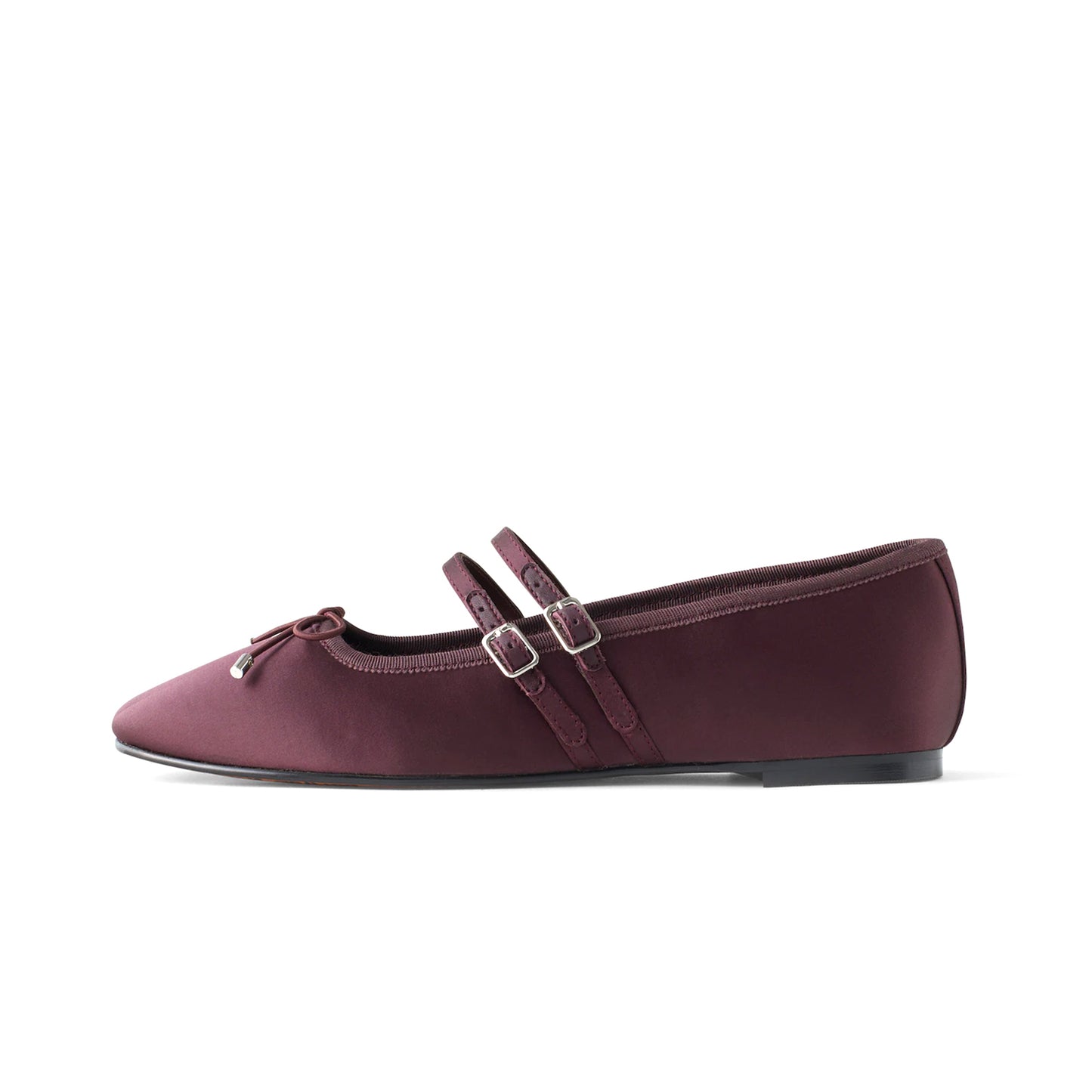 Dark Purple Satin Square-Toe Double Bridge Strap Front Bow Ballet Flats