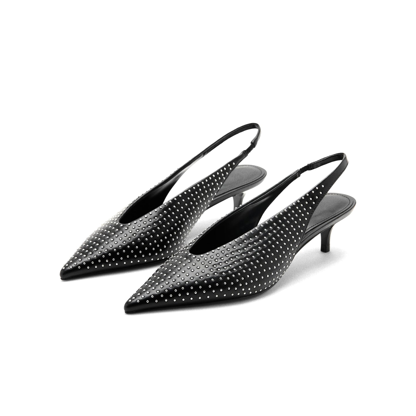Black Pointed-Toe Full Little Studs And Slingback Kitten Heels