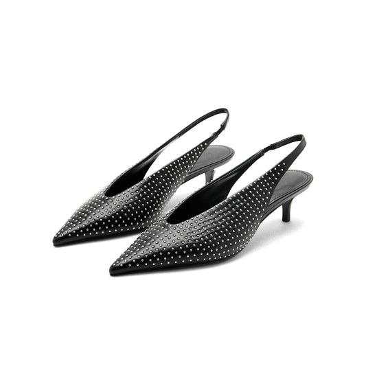Black Pointed-Toe Full Little Studs And Slingback Kitten Heels