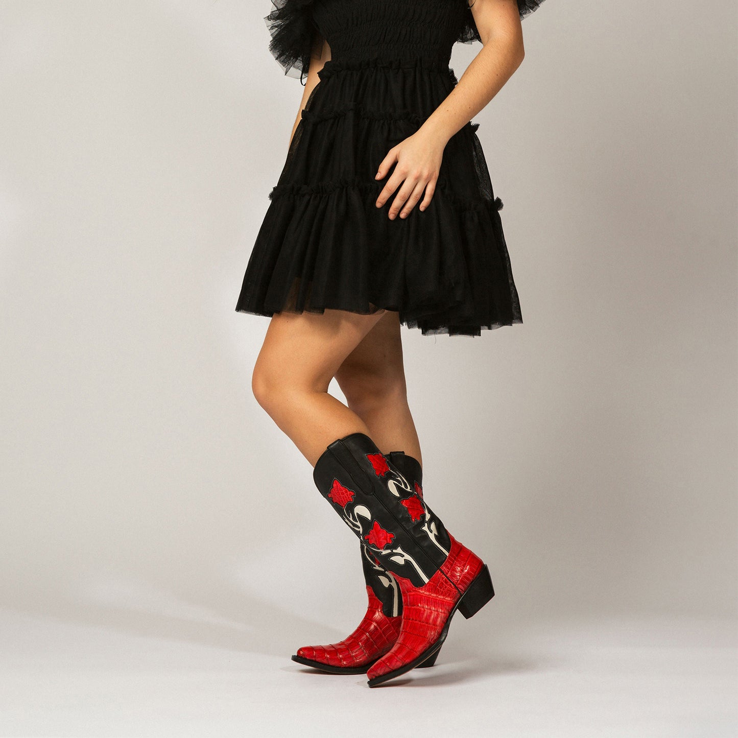 Black Almond-Toe Flowers And Crocodile Print Appliques Mid Calf Cowgirl Boots