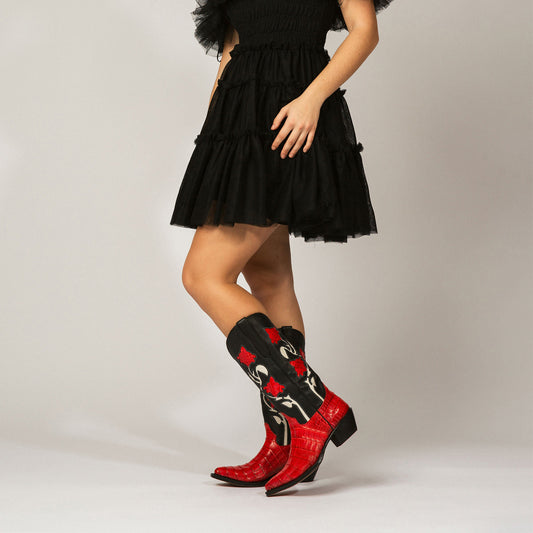Black Almond-Toe Flowers And Crocodile Print Appliques Mid Calf Cowgirl Boots