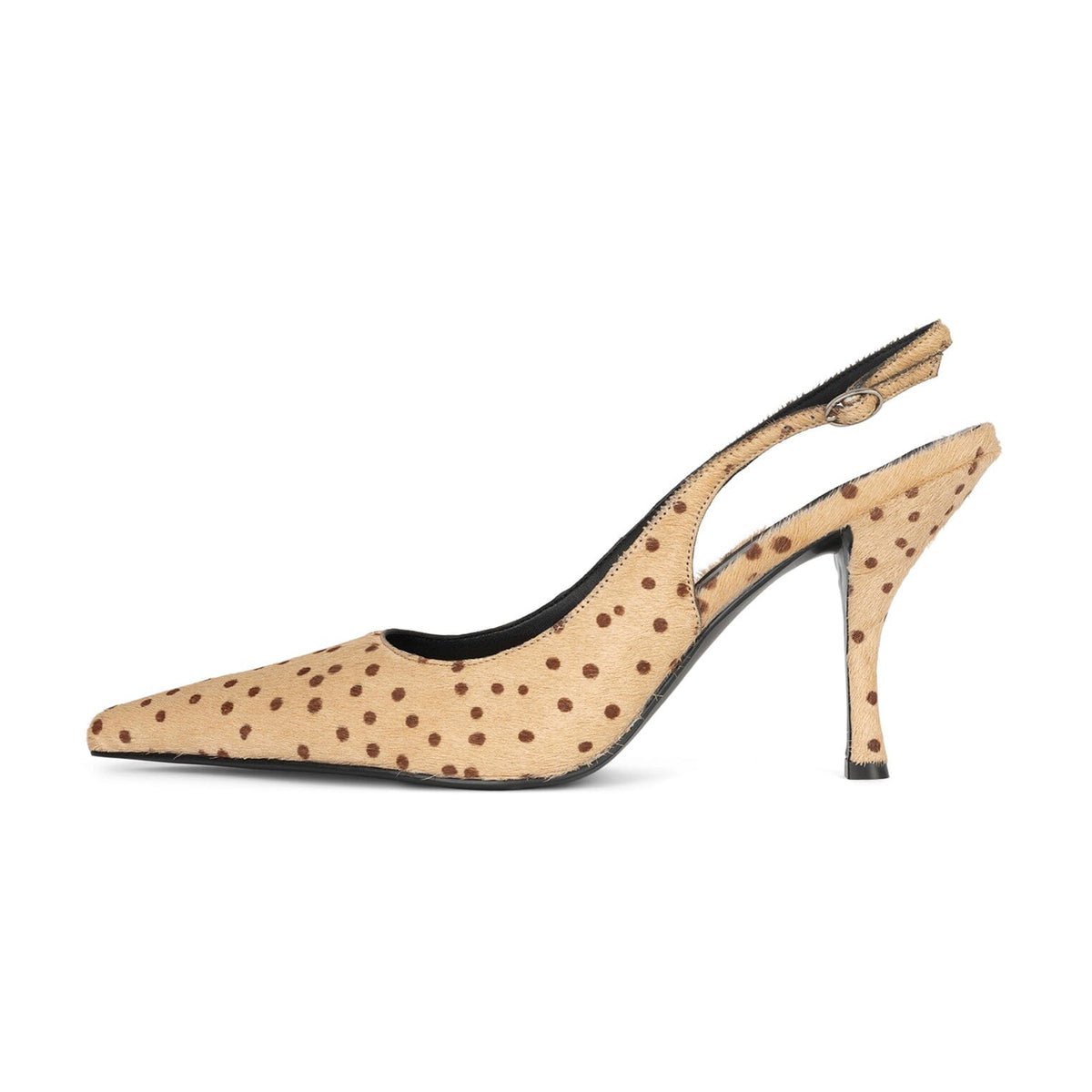 Tan And Brown Spots Pony Hair Vegan Leather Pointed-Toe Slingback High Heels