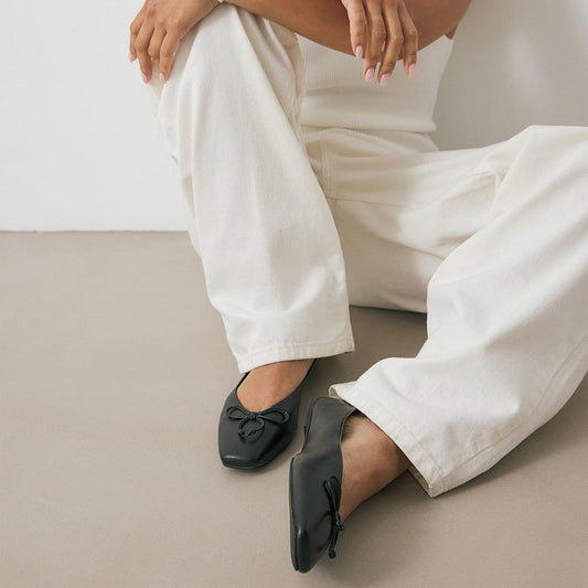 Black Square-Toe Classic Front Bow Detail Ballet Flats