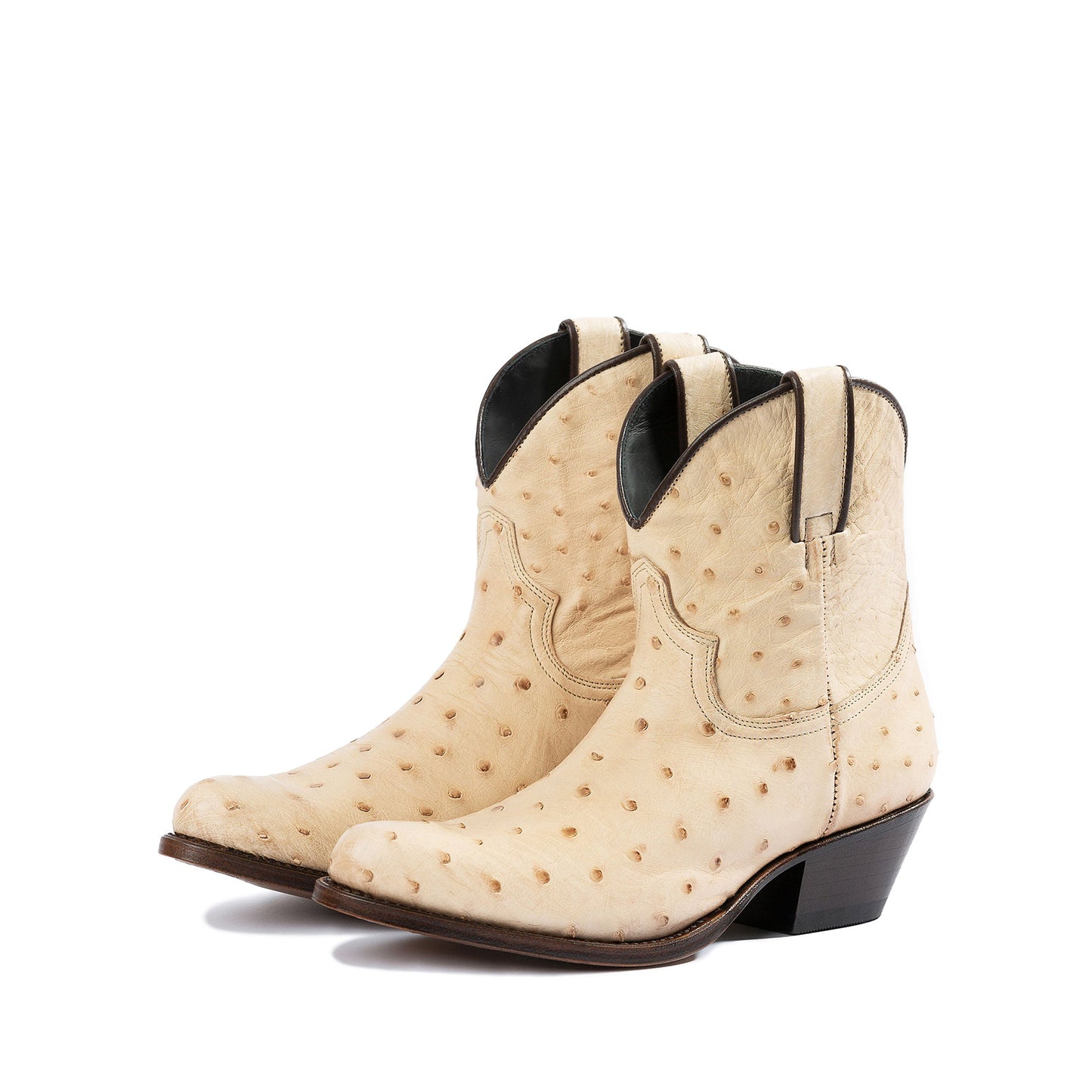 Cream Ostrich Print Round-Toe Simple Ankle Cowgirl Boots
