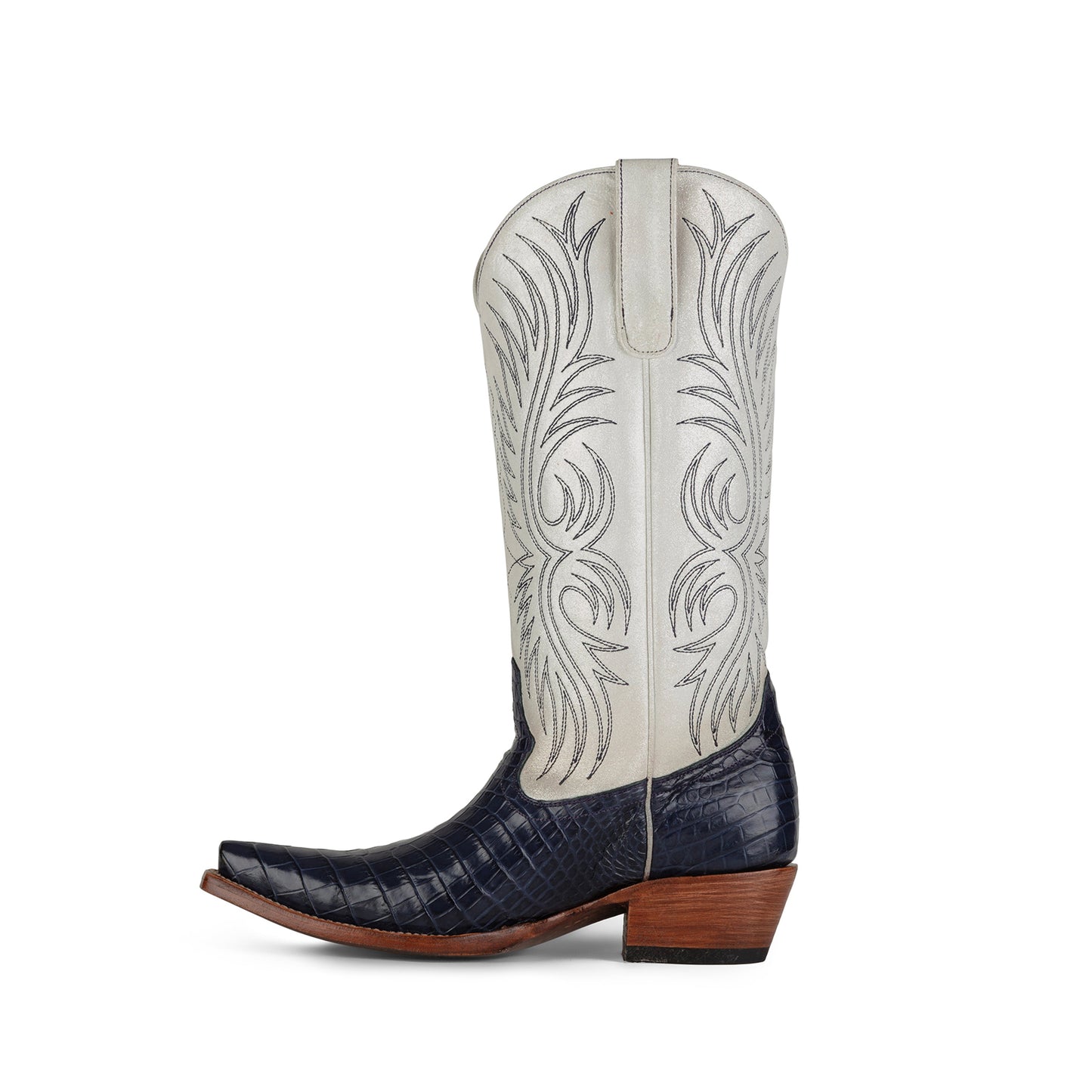 Contrast Ivory And Purple Crocodile Print Snip-Toe Embroidery Mid Calf Cowgirl Boots