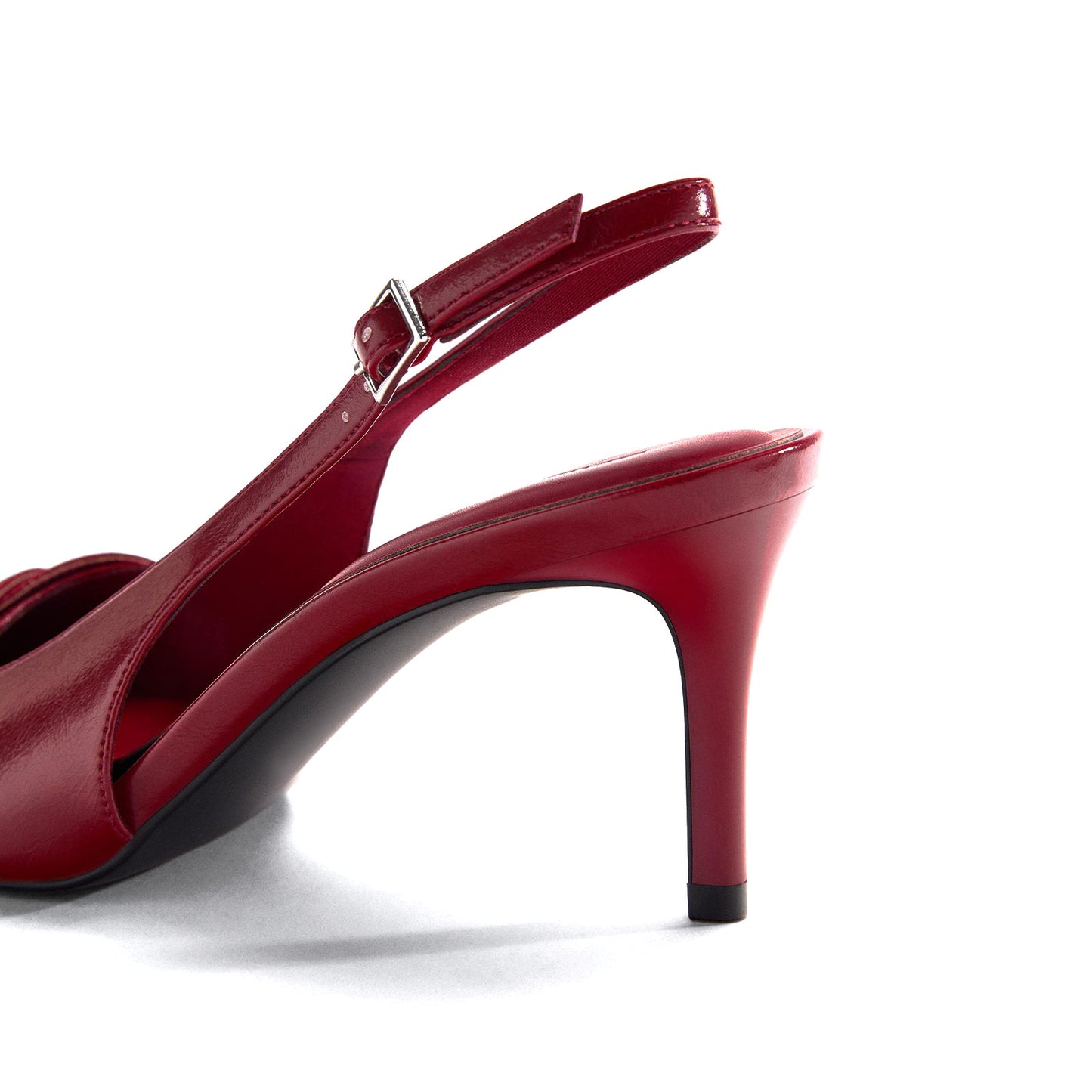 Red Pointed-Toe Front Double Buckle Straps And Back Strap Kitten Heels