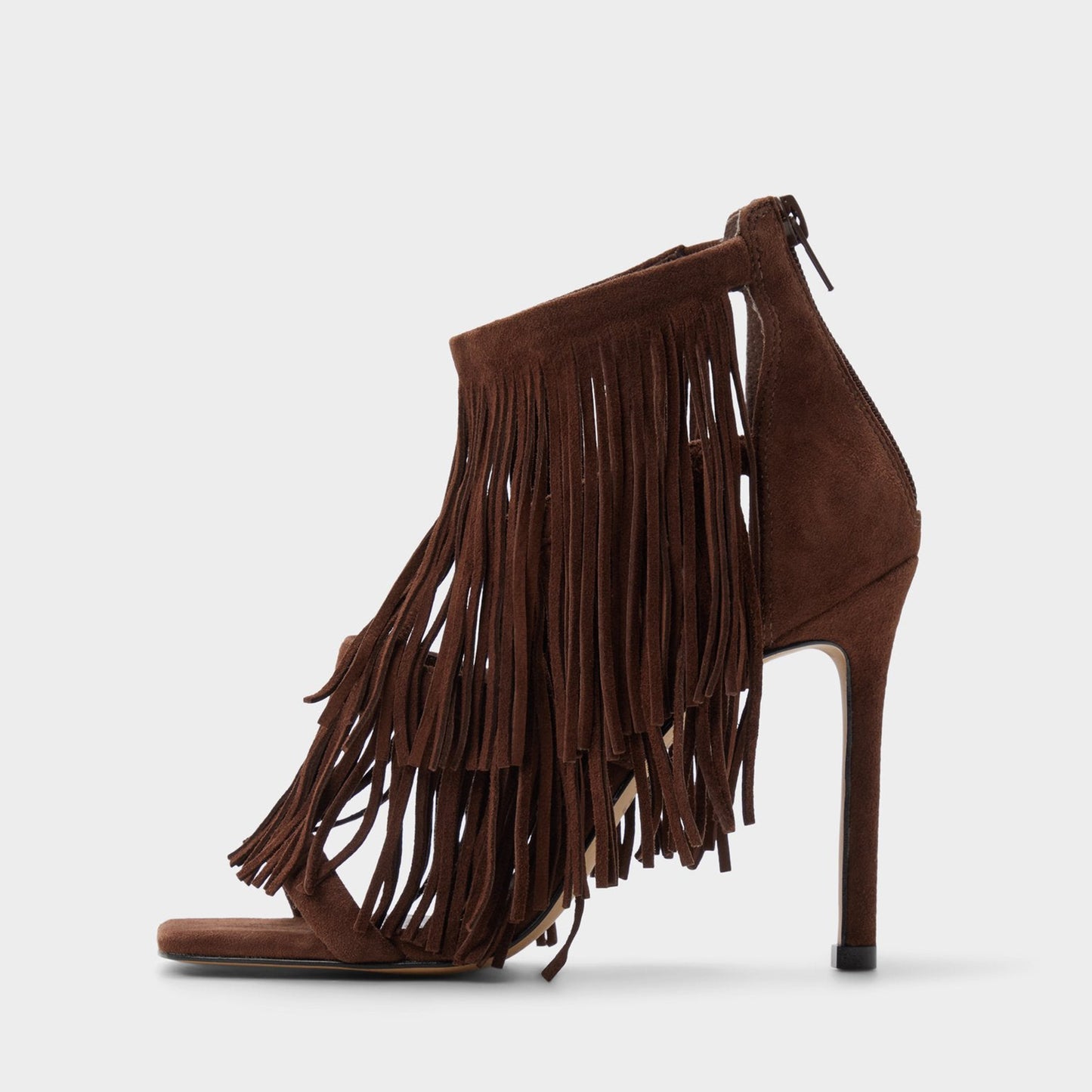 Brown Faux Suede Square-Toe Fringe And Strappy Back-Zip High Heels