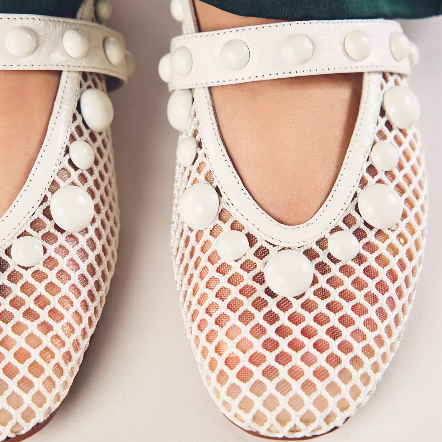 White Mesh Square-Toe Studs And Mary Jane Ballet Flats