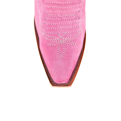 Pink Faux Suede Snip-Toe Embroidery Half-Zip Knee High Cowgirl Boots