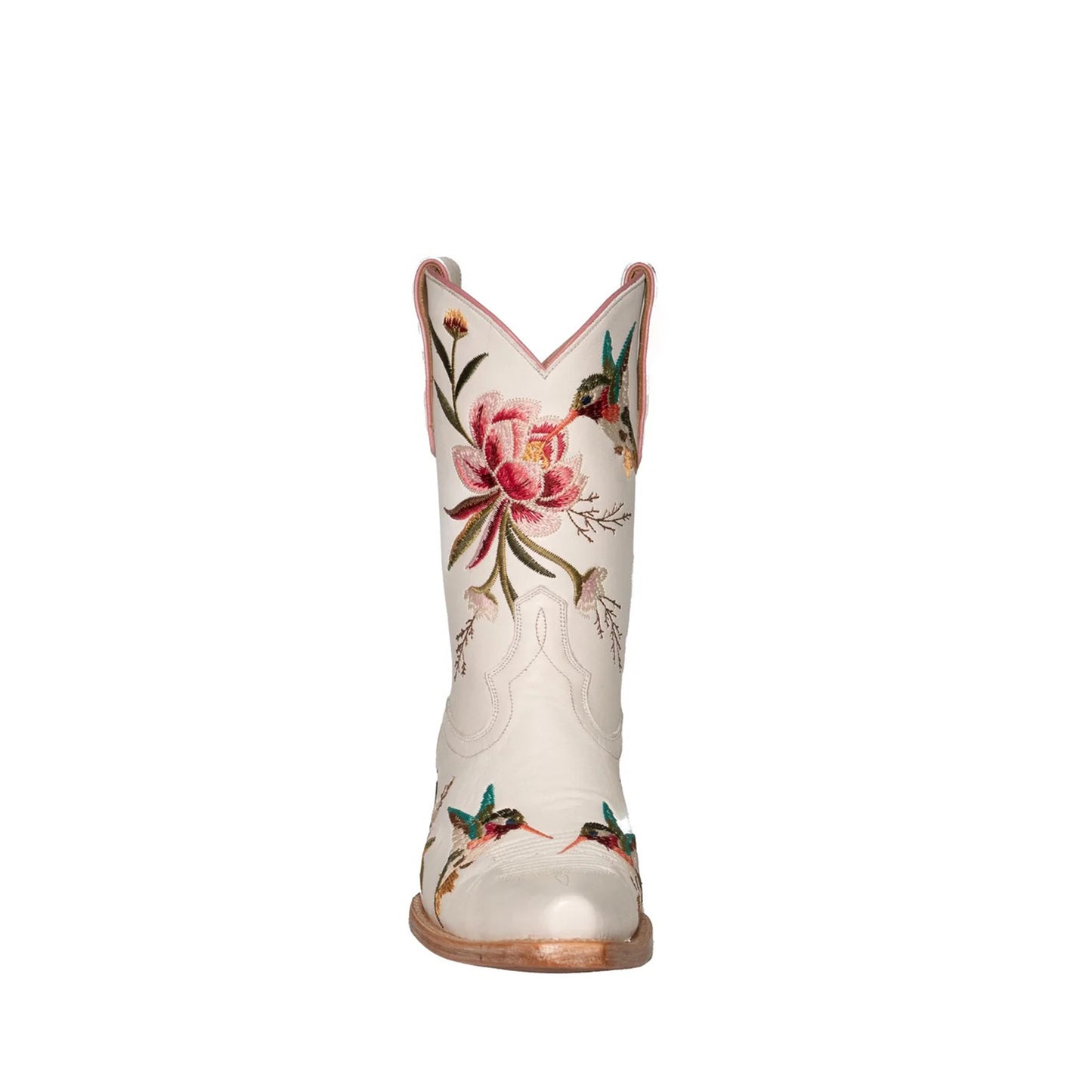 Ivory Snip-Toe Vivid Flowers And Bird Embroidery Ankle Cowgirl Boots