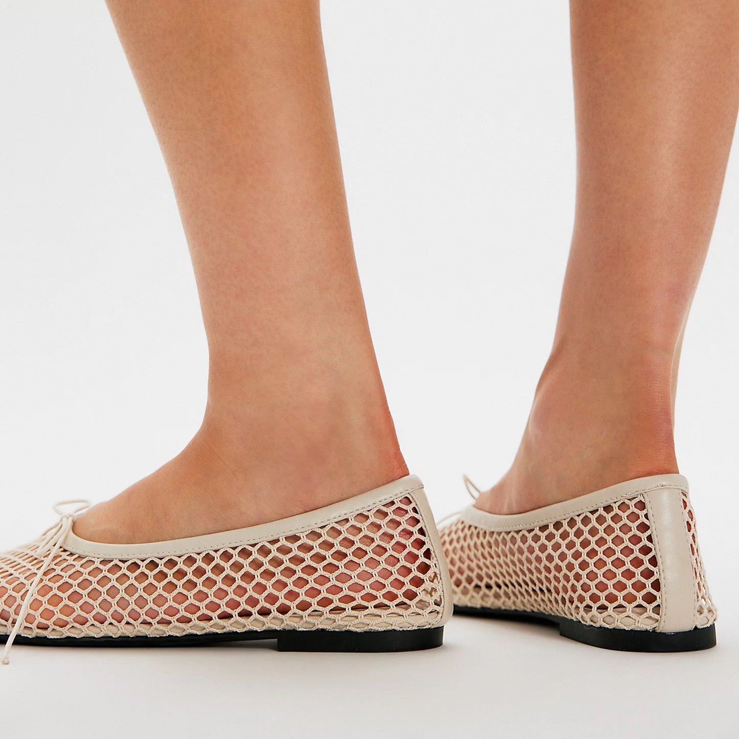 Beige Mesh And Vegan Leather Square-Toe Front Bow Ballet Flats