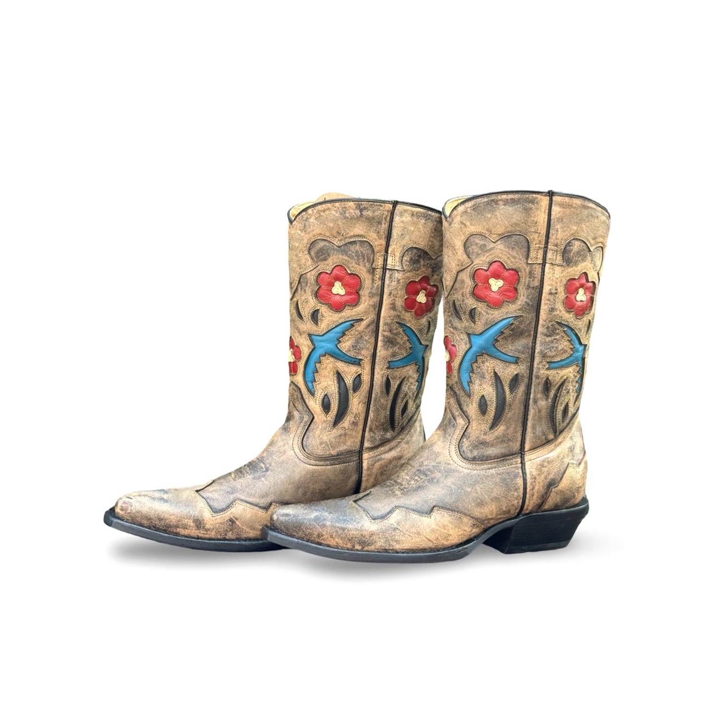Distressed Tan Snip-Toe Bird And Flower Inlays Mid Calf Cowgirl Boots