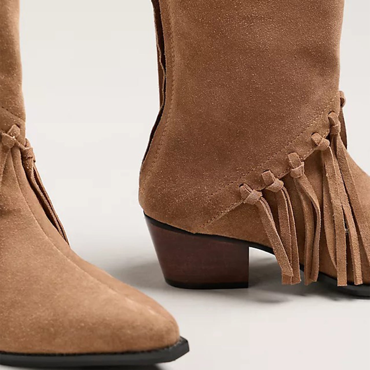 Camel Faux Suede Pointed-Toe Western Mid Calf Cowgirl Boots