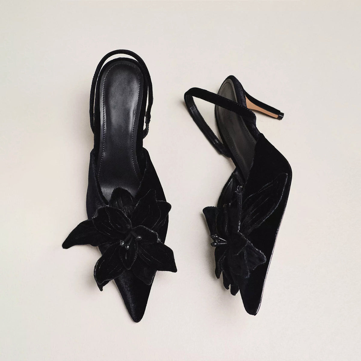 Black Velvet Pointed-Toe Front Floral Applique Slingback Kitten Heels