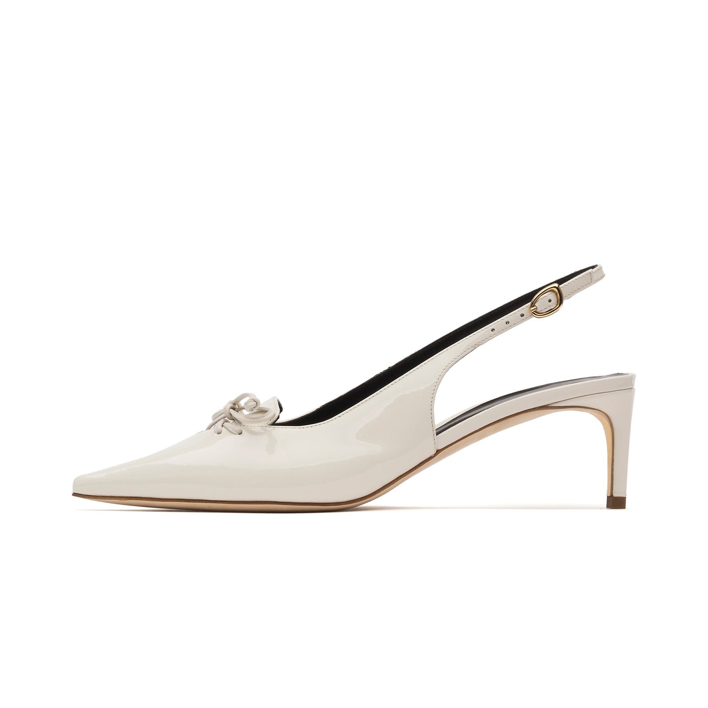 Patent Frost White Pointed-Toe Slingback Kitten Heels With Front Bow