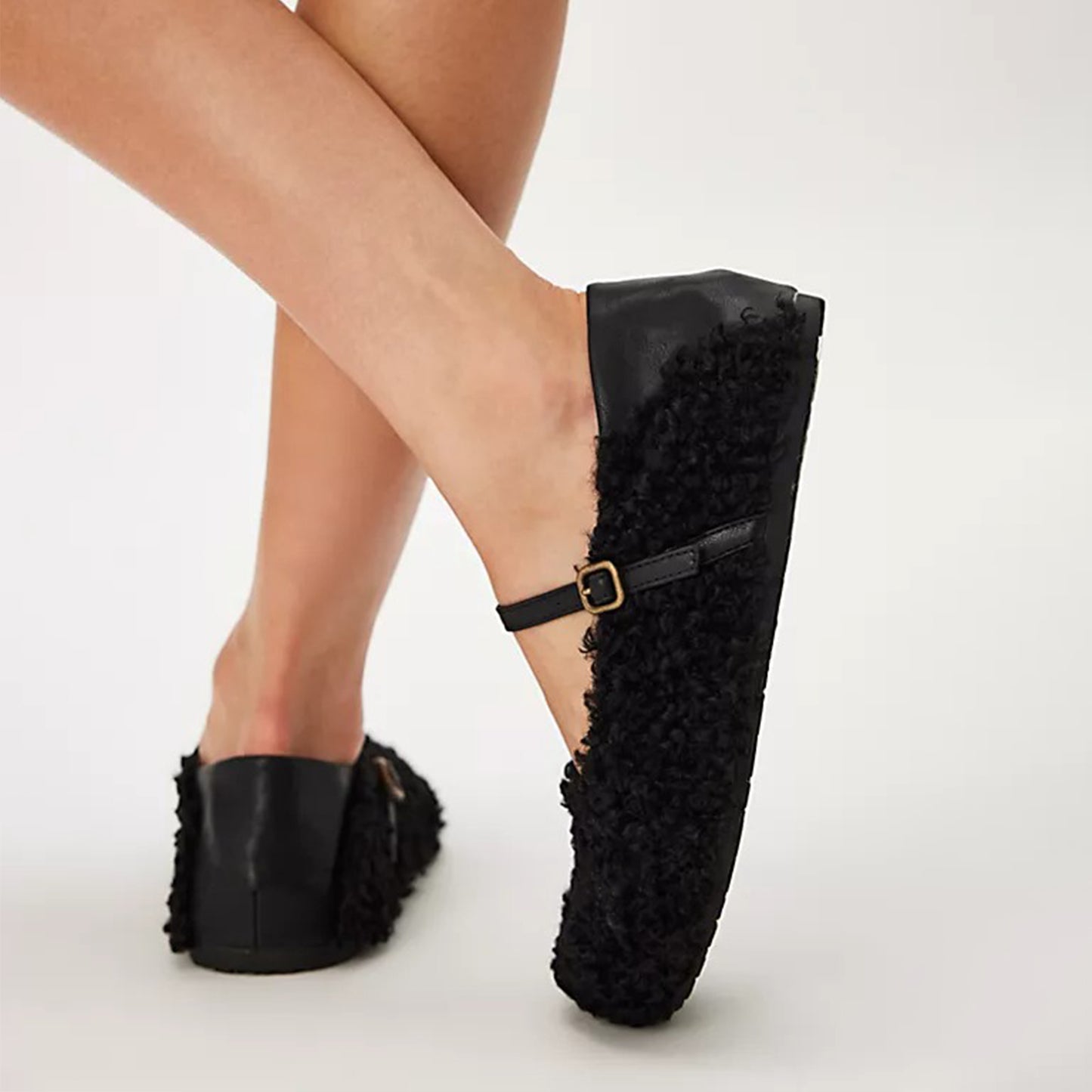 Black Plush Square-Toe Vegan Leather Bridge Strap Ballet Flats