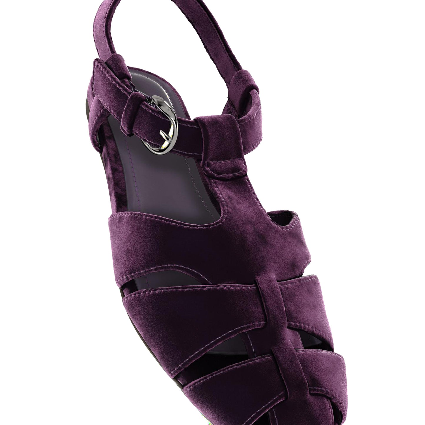 Purple Velvet Square-Toe Caged Detail Buckle Strap Sandals Flats