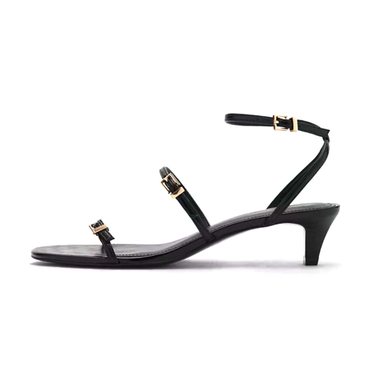 Black Square-Toe Double Straps And Ankle Strap Kitten Heels