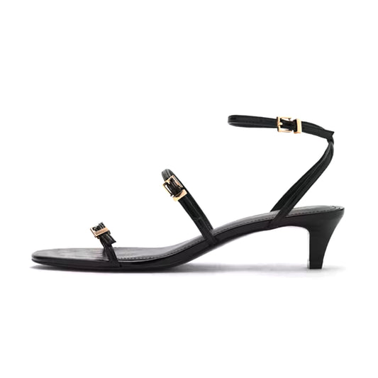 Black Square-Toe Double Straps And Ankle Strap Kitten Heels