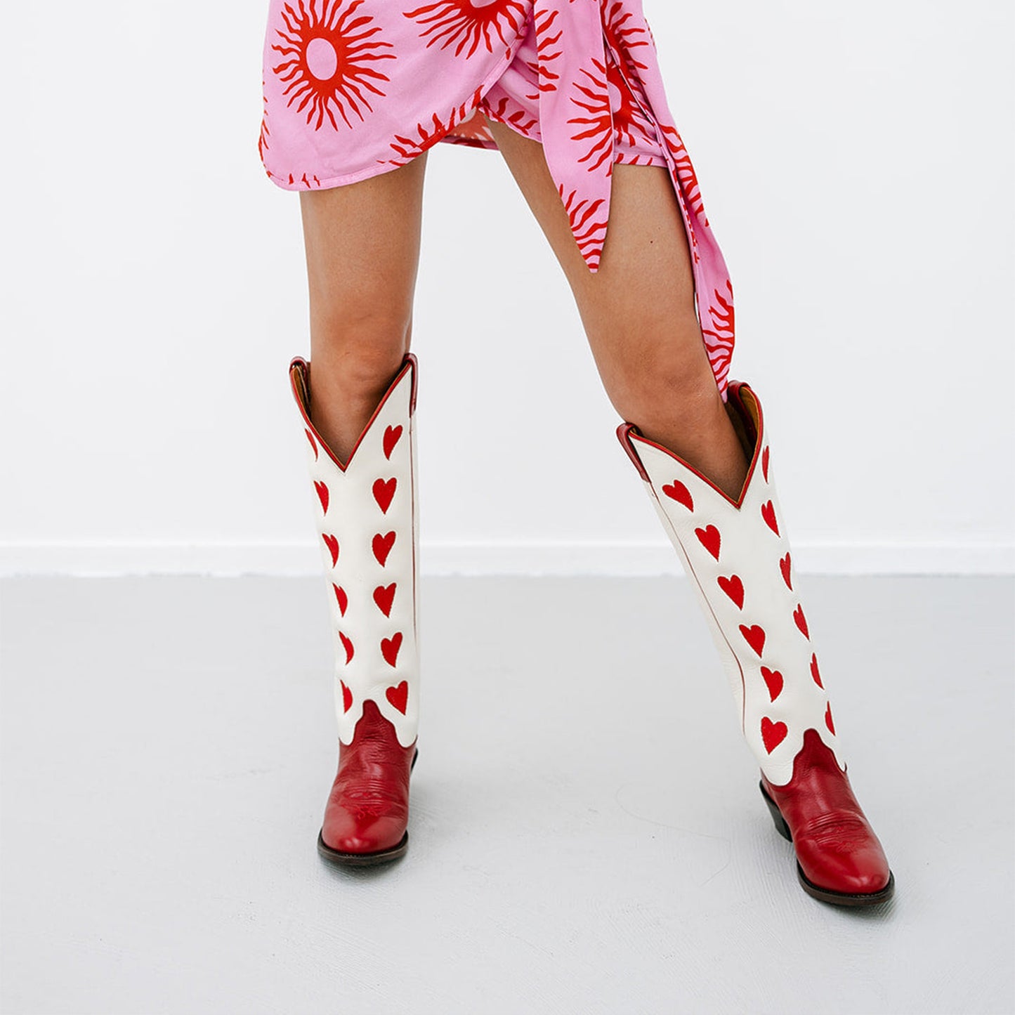 Contrast White And Red Almond-Toe Hearts Inlay Wide Calf Knee High Cowgirl Boots