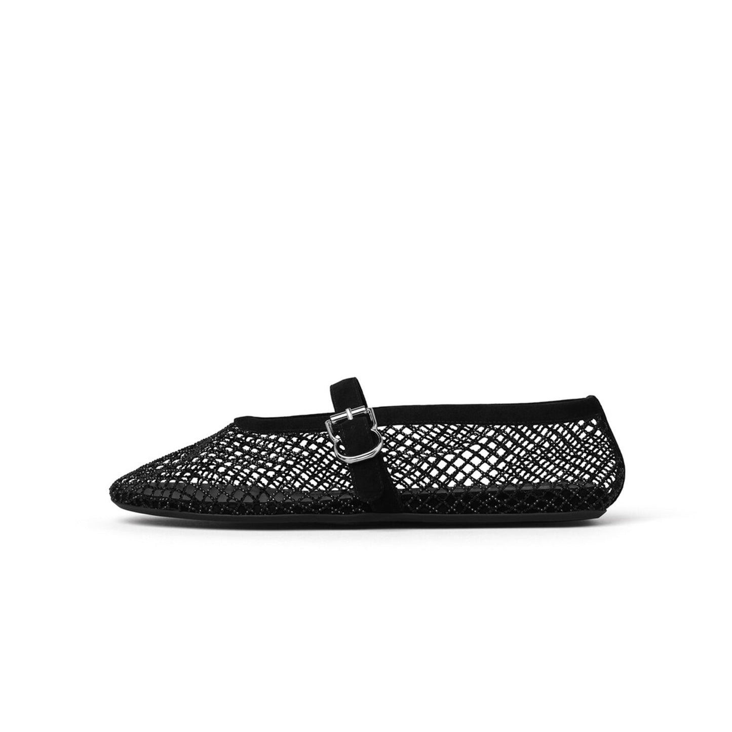 Black Mesh With Rhinestones Round-Toe Mary Jane Ballet Flats