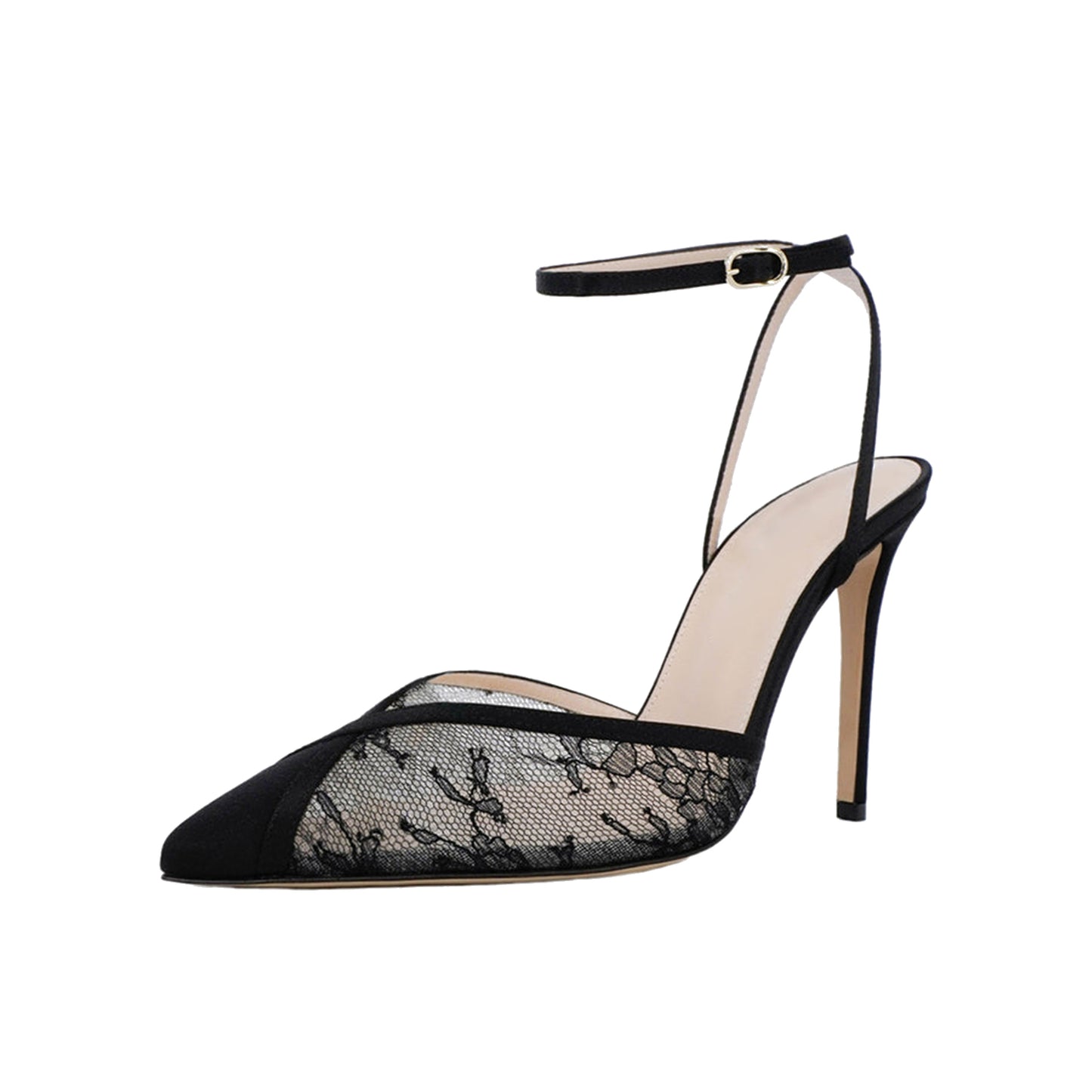 Black Lace Mesh And Satin Pointed-Toe Ankle Strap Classic High Heels