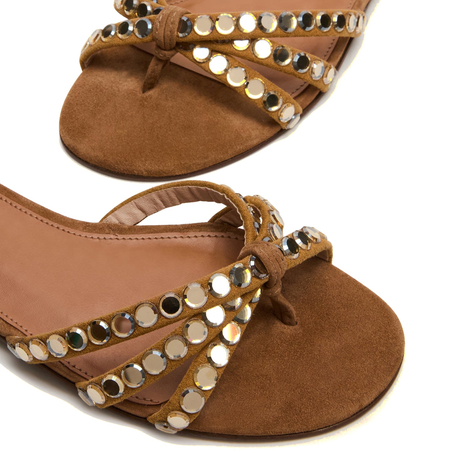 Brown Faux Suede Square-Toe Front Strappy With Rhinestones Backless Flats