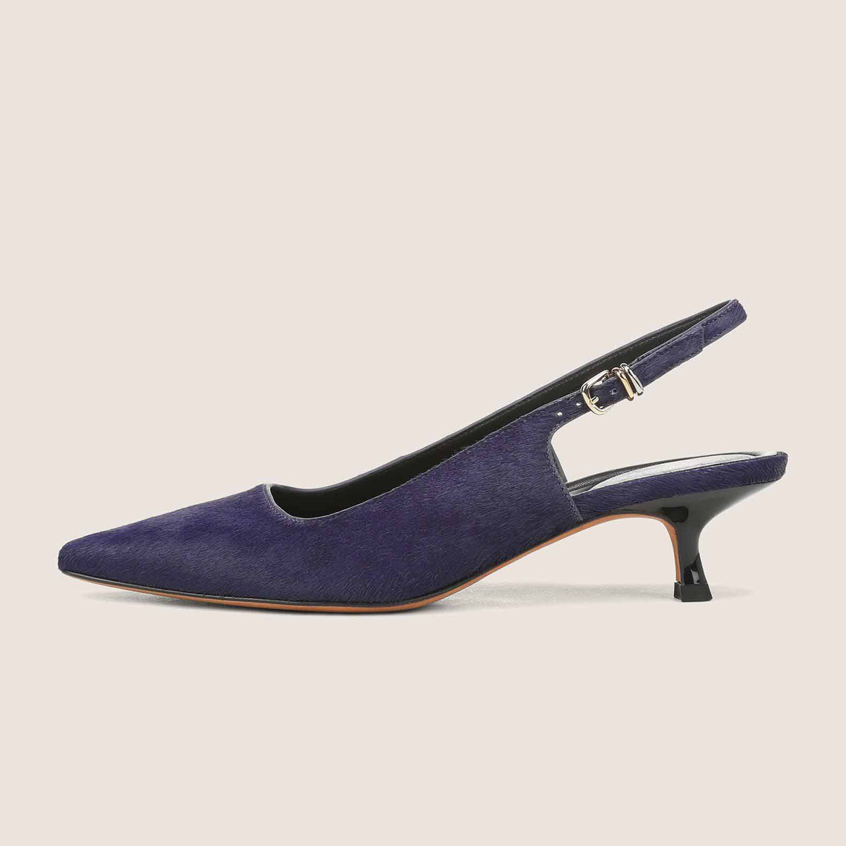 Navy Pony Hair Vegan Leather Chic Pointed-Toe Buckle Slingback Kitten Heels