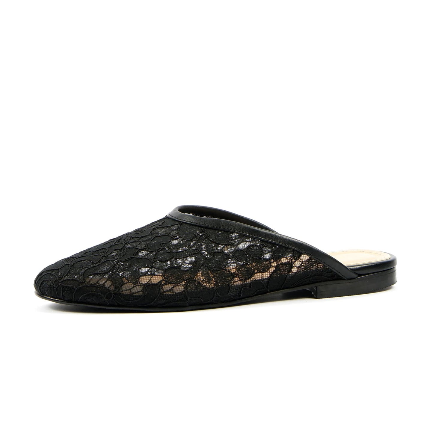 Black Lace Mesh Round-Toe Backless Slip-On Sandals Flats