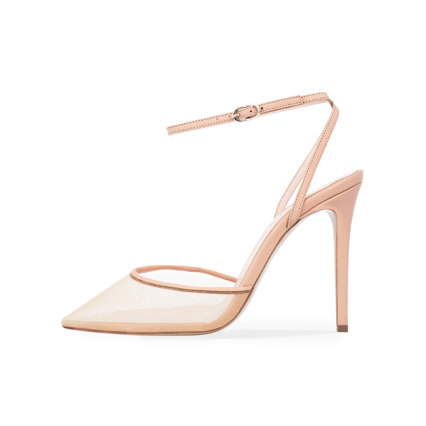 Nude Mesh And Vegan Leather Pointed-Toe Ankle Strap Classic High Heels