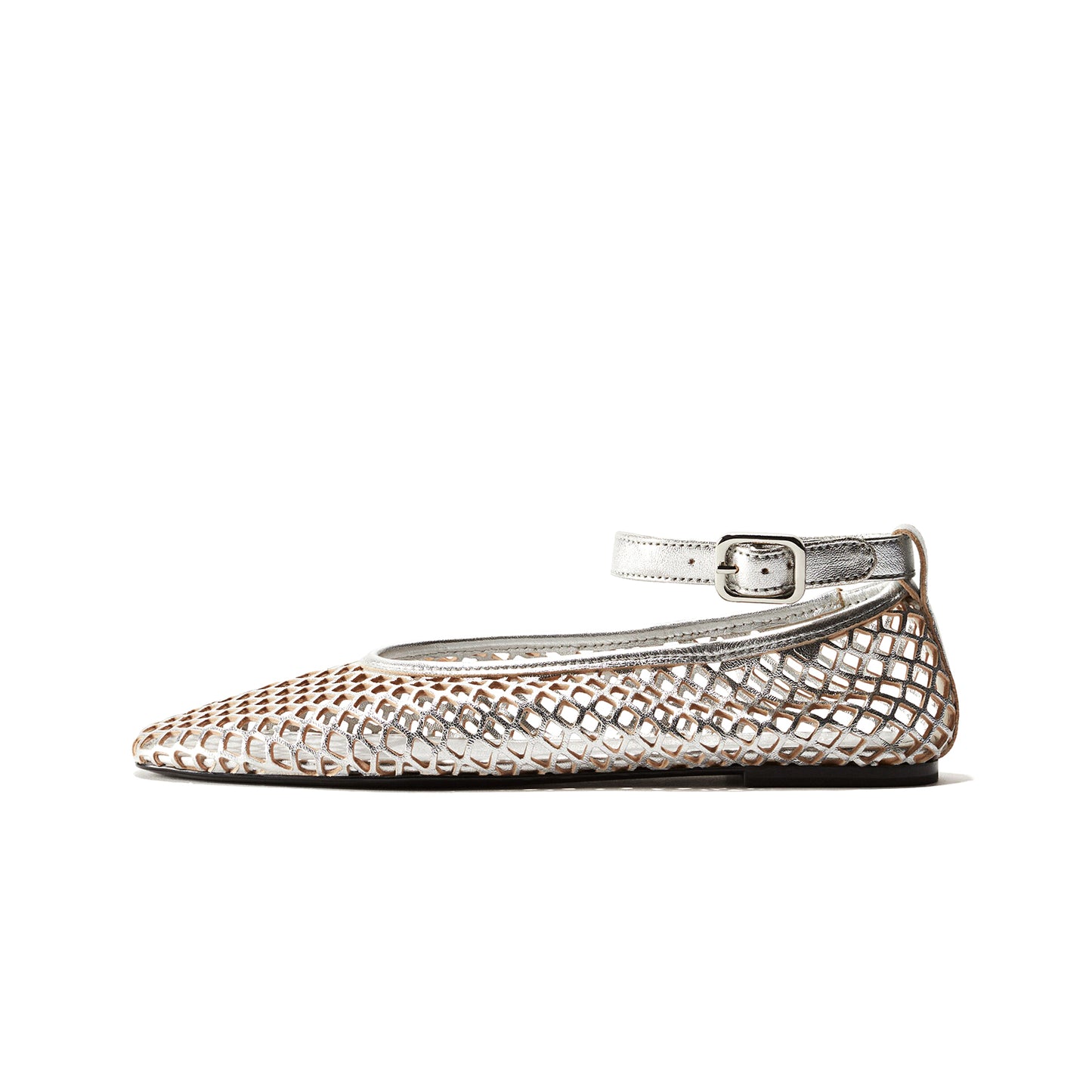 Metallic Silver Square-Toe Perforated Ballet Flats With Ankle Strap